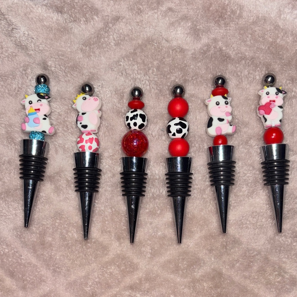 Hand Crafted Whimsical Cow Bottle Stoppers - Red, Black, White